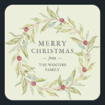 Winter Greenery Leaves Berries Wreath Christmas Square Sticker<br><div class="desc">Winter greenery leaves berries wreath Christmas sticker with the text 'Merry Christmas' and your family name. Simply customise the Christmas sticker with your family name. If you need any help please contact us through our store.</div>