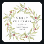 Winter Greenery Leaves Berries Wreath Christmas Square Sticker<br><div class="desc">Winter greenery leaves berries wreath Christmas sticker with the text 'Merry Christmas' and your family name. Simply customise the Christmas sticker with your family name. If you need any help please contact us through our store.</div>