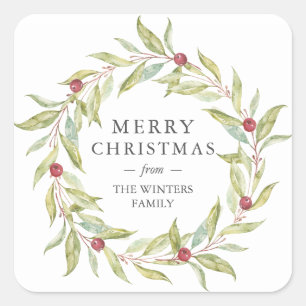 Winter Greenery Leaves Berries Wreath Christmas Square Sticker