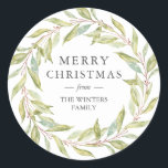 Winter Greenery Leaves Wreath Christmas Classic Round Sticker<br><div class="desc">Winter greenery leaves wreath Christmas sticker. Simply customise the Christmas sticker with your family name. If you need any help please contact us through our store.</div>