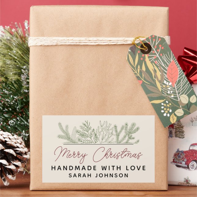 Winter Greenery Merry Christmas Handmade Rectangular Sticker (Holiday)