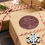 Winter Greenery Merry Christmas Personalised Classic Round Sticker<br><div class="desc">Festive winter greenery on dark red sticker with modern and script lettering "Merry Christmas & Happy New Year ♥️"</div>