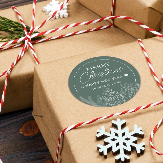 Winter Greenery Merry Christmas Personalised Classic Round Sticker (Winter Greenery Merry Christmas Personalized Classic Round Sticker)