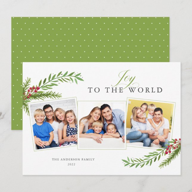 Winter Greenery Minimal 3 Photo Joy To The World Holiday Card (Front/Back)