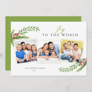 Winter Greenery Minimal 3 Photo Joy To The World Holiday Card