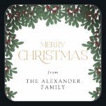 Winter Greenery Mistletoe Christmas Square Sticker<br><div class="desc">This delightful Christmas sticker showcases a winter greenery mistletoe border and the message "Merry Christmas". Custom text allows you to personalise with your name.</div>