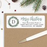 Winter Greenery Monogram Wreath Return Address<br><div class="desc">Elegant "Merry Christmas" holiday card address label design features a rustic chic round wreath of winter watercolor greenery framing the family's last name monogram initial letter. Personalise the modern green and charcoal grey wording with a custom greeting and your return address text. White background colour.</div>