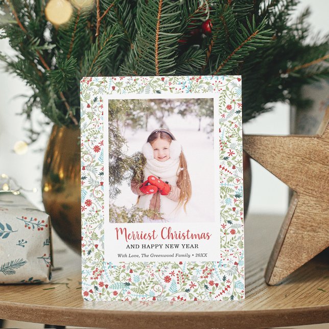 Winter Greenery Pattern Merriest Christmas Photo Holiday Card (Winter Greenery Pattern Merriest Christmas Photo Holiday Card)