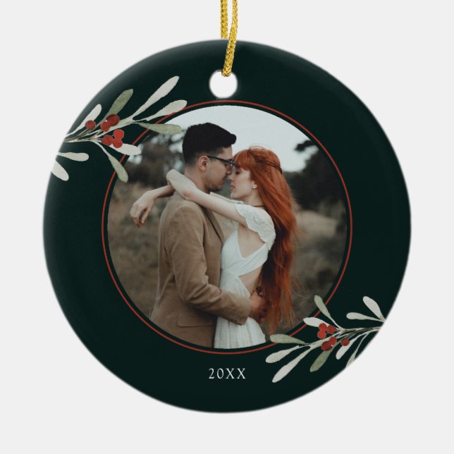 Winter Greenery Photo Holiday Ceramic Tree Decoration (Front)