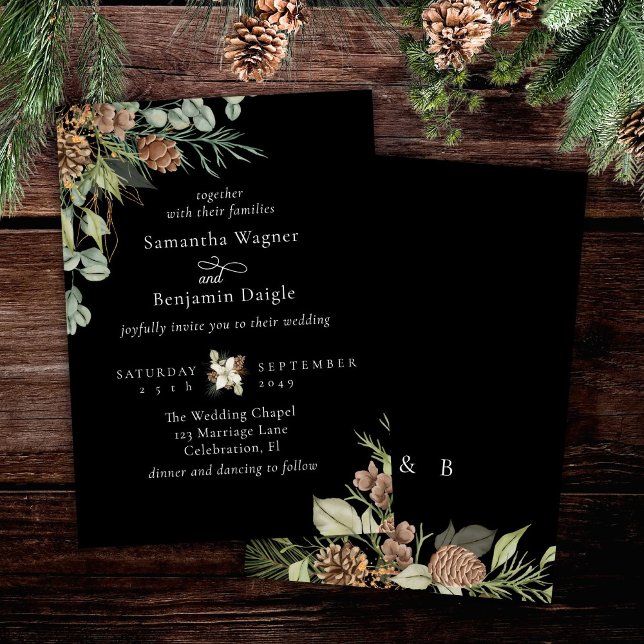 Winter Greenery Pine Black Elegant Wedding Invitation (Creator Uploaded)