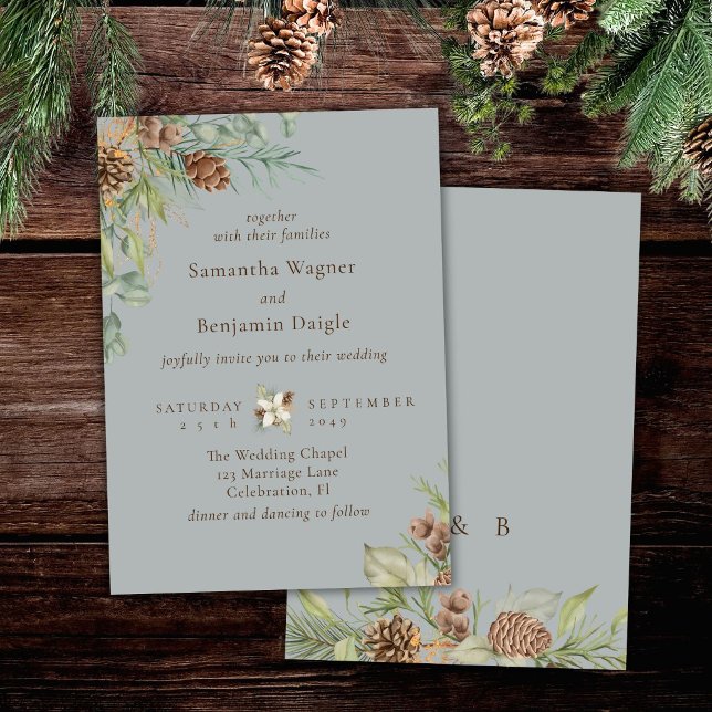 Winter Greenery Pine Grey Elegant Wedding Invitation (Creator Uploaded)