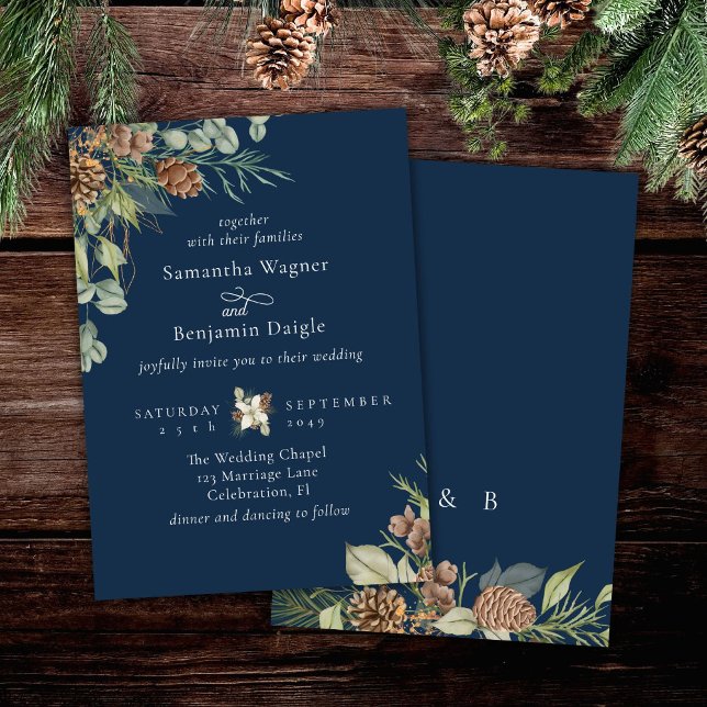 Winter Greenery Pine Navy Blue Elegant Wedding Invitation (Creator Uploaded)