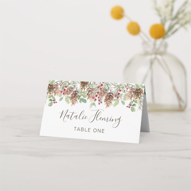 Winter Greenery Pine Red Berry Christmas Wedding Place Card (Front)