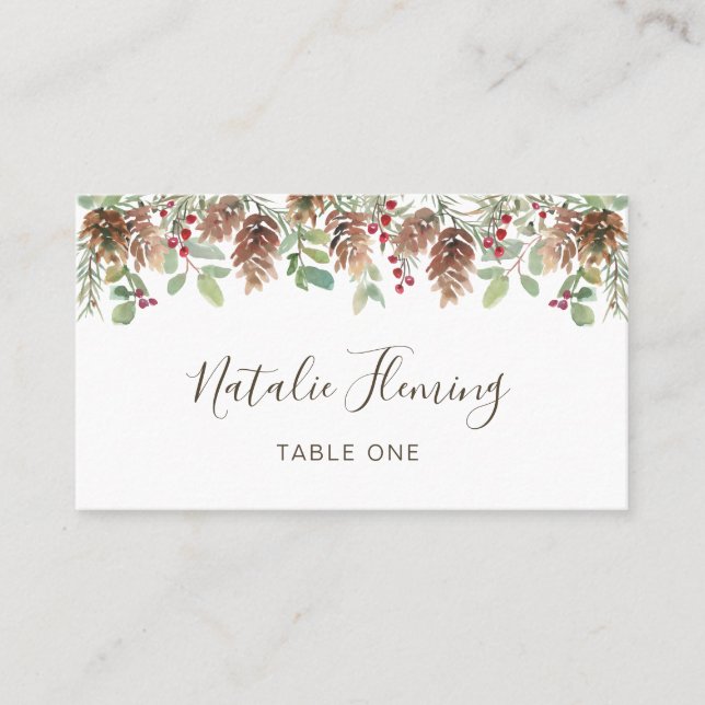 Winter Greenery Pine Red Berry Wedding Place Card (Front)