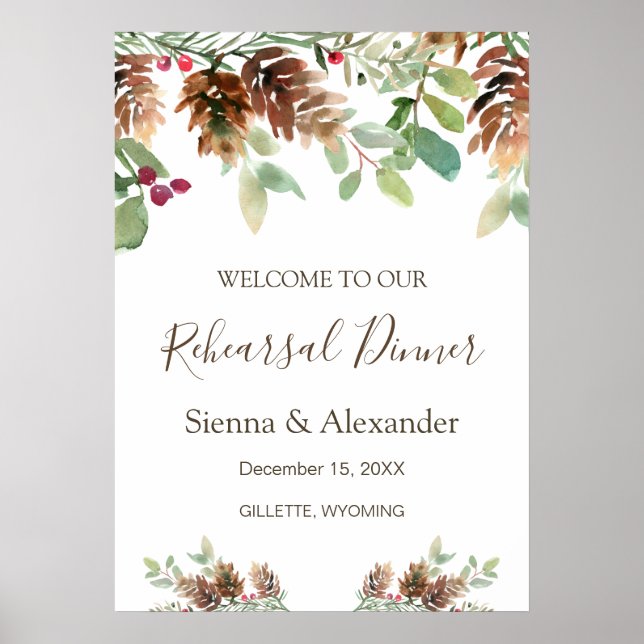 Winter Greenery Pine Rehearsal Dinner Welcome Sign (Front)