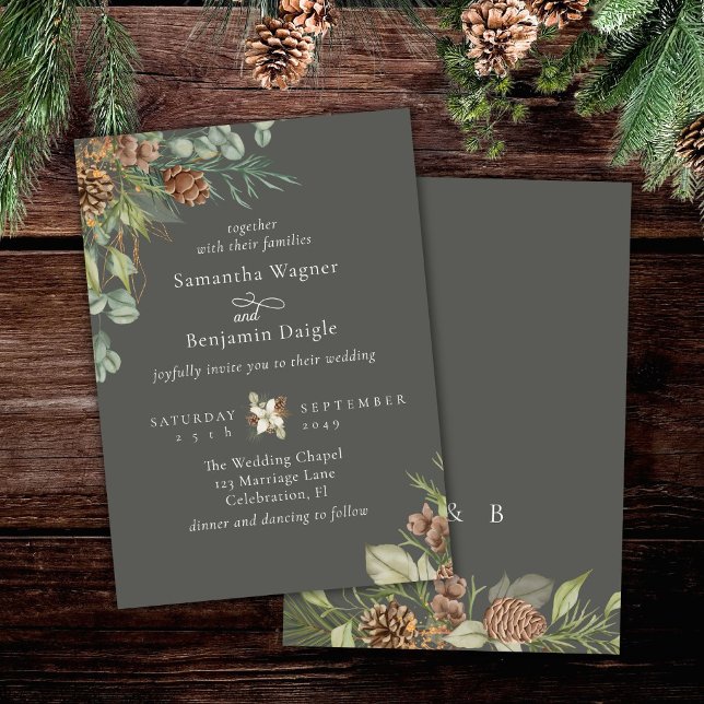 Winter Greenery Pine Stone Grey Elegant Wedding Invitation (Creator Uploaded)