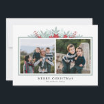 Winter Greenery Poinsettia 2 photo Merry Christmas Holiday Card<br><div class="desc">This modern photo Christmas card features two square photos on the front and custom text for a personal message on the back. The design is accented with a graphic of winter greenery and red poinsettias on a clean white background. Personalise with your family name. Photography © Storytree Studios, Stanford, CA...</div>