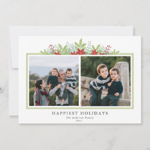 Winter Greenery Poinsettia 2 photos Happy Holidays Holiday Card