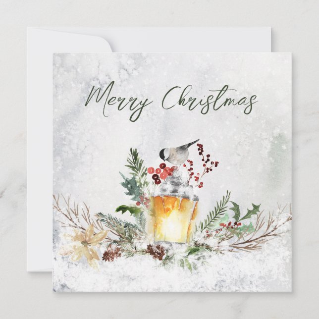 Winter Greenery Red Berry Bird Christmas Card (Front)