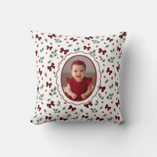 Winter Greenery Red Bow Christmas Cushion