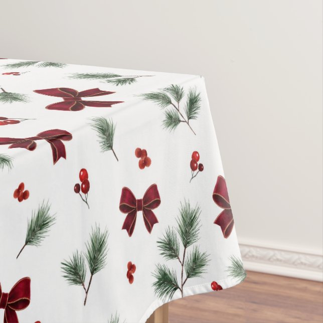 Winter Greenery Red Bow Christmas Tablecloth (In Situ)