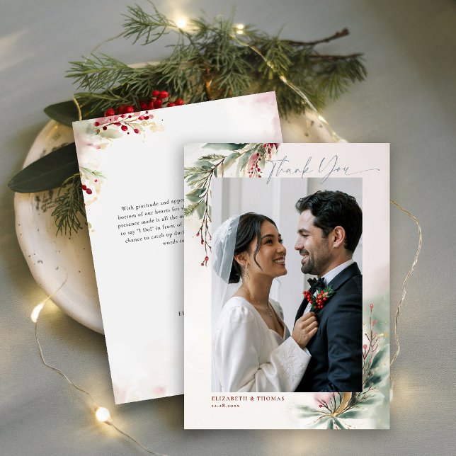Winter Greenery Red Christmas Chic Photo Thank You (winter christmas wedding bridal shower thank you card greenery botanical berries red green romantic)