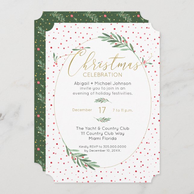 Winter Greenery Red Green Gold Christmas Party Invitation (Front/Back)