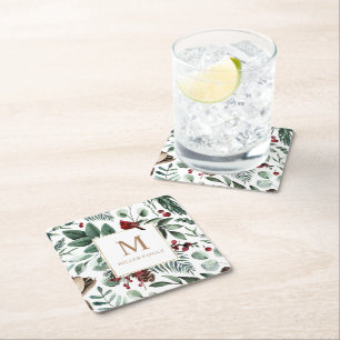 Winter Greenery Red Holiday Monogram Square Paper Coaster