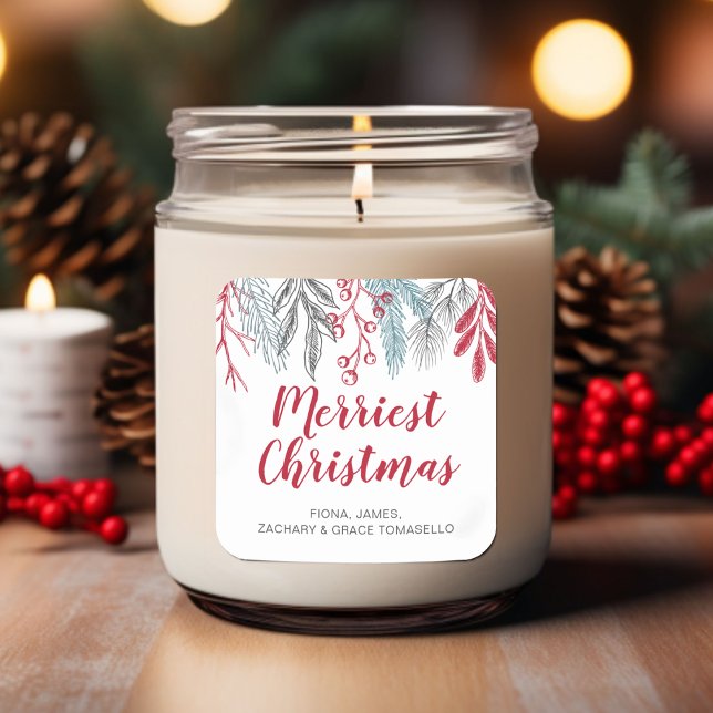 Winter Greenery Red Script Merriest Christmas Square Sticker (Winter Greenery Red Script Merriest Christmas Square Sticker)