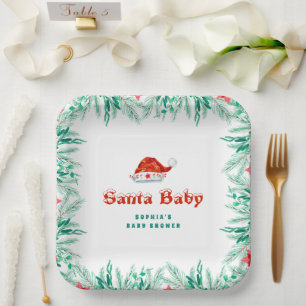 Winter Greenery Santa Hat Christmas Baby Shower Paper Plate