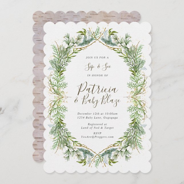 Winter Greenery Sip and See Invitation (Front/Back)