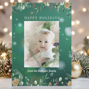 Winter Greenery Snow Bokeh Photo Holiday Card