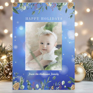 Winter Greenery Snow Bokeh Photo Holiday Card