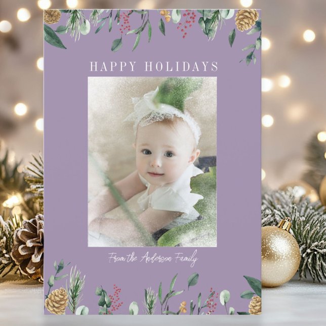 Winter Greenery Snow-Overlay  Photo Holiday Card (Winter Greenery Snow Bokeh Photo Holiday Card)