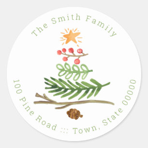 Winter Greenery Watercolor Christmas Tree Classic Round Sticker