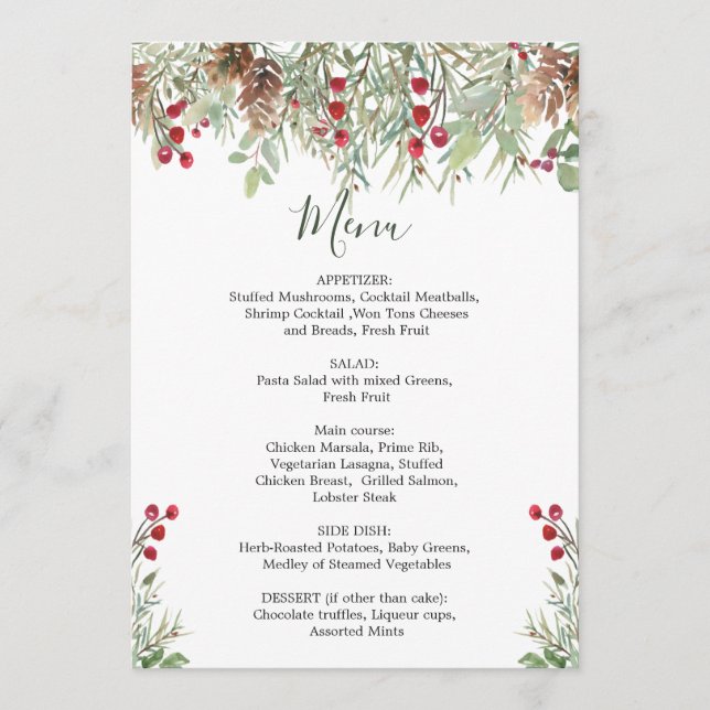 Winter Greenery Wedding Christmas Menu (Front)