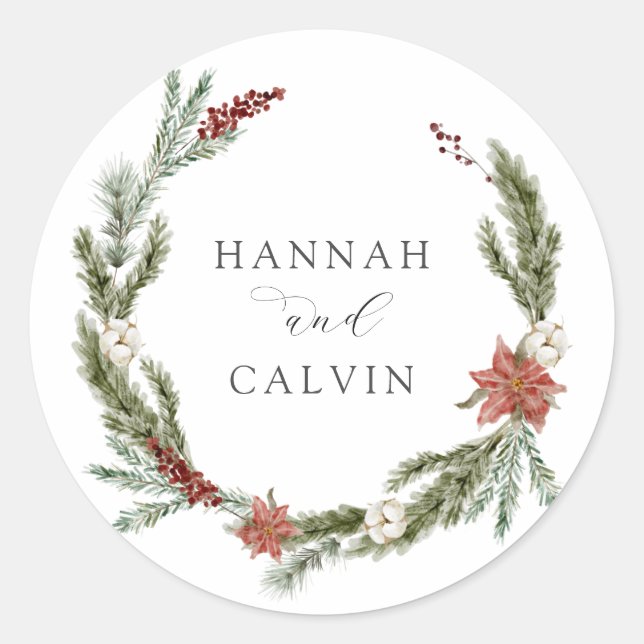 Winter Greenery Wedding Classic Round Sticker (Front)