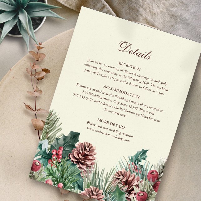 Winter Greenery Wedding Details Card (Winter Evergreen Elegance Wedding Details on neutral background.)