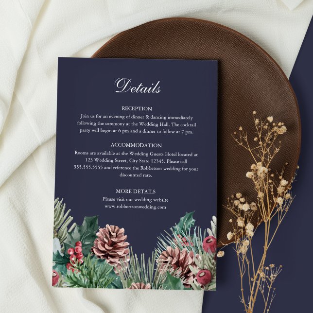 Winter Greenery Wedding Details Card (Midnight Blue Winter Wedding Details Card on white and rustic brown background)