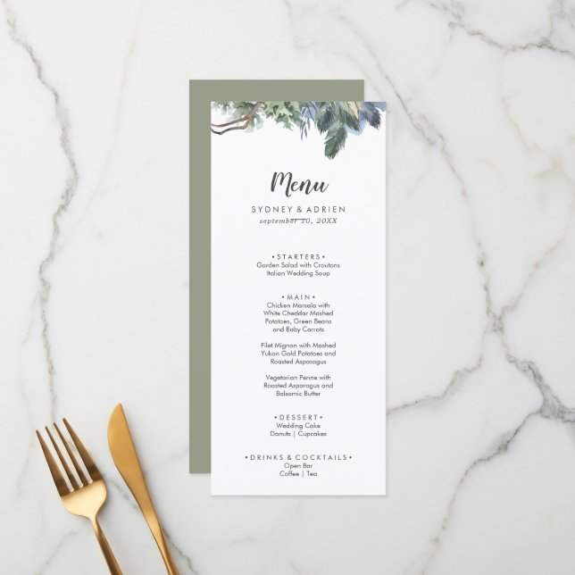 Winter Greenery Wedding Dinner Menu (Front/Back In Situ)
