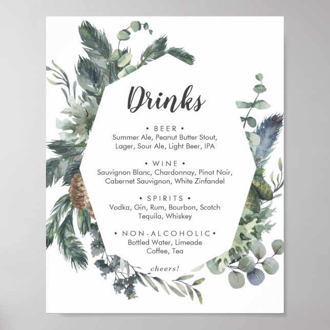 Winter Greenery Wedding Drinks Menu Sign (Front)