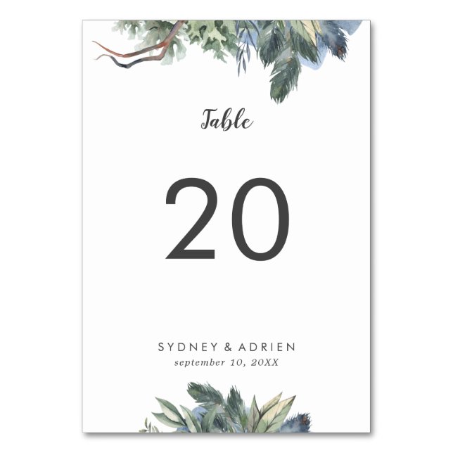 Winter Greenery Wedding Table Numbers (Front)
