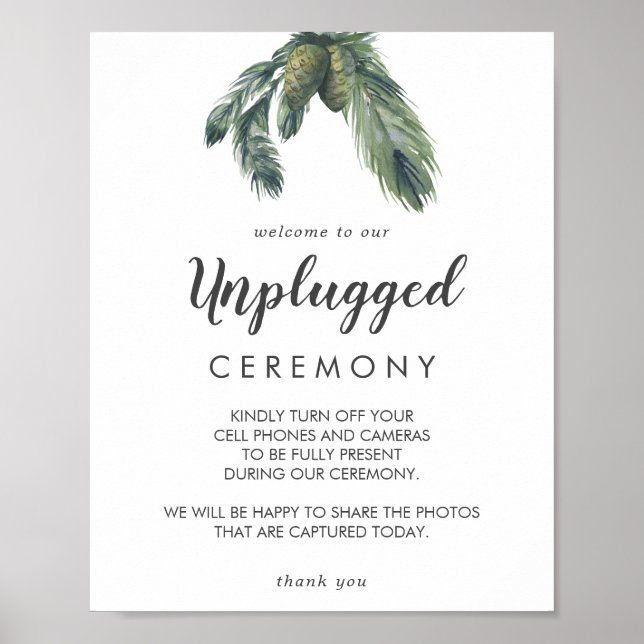 Winter Greenery Wedding Unplugged Ceremony Sign (Front)