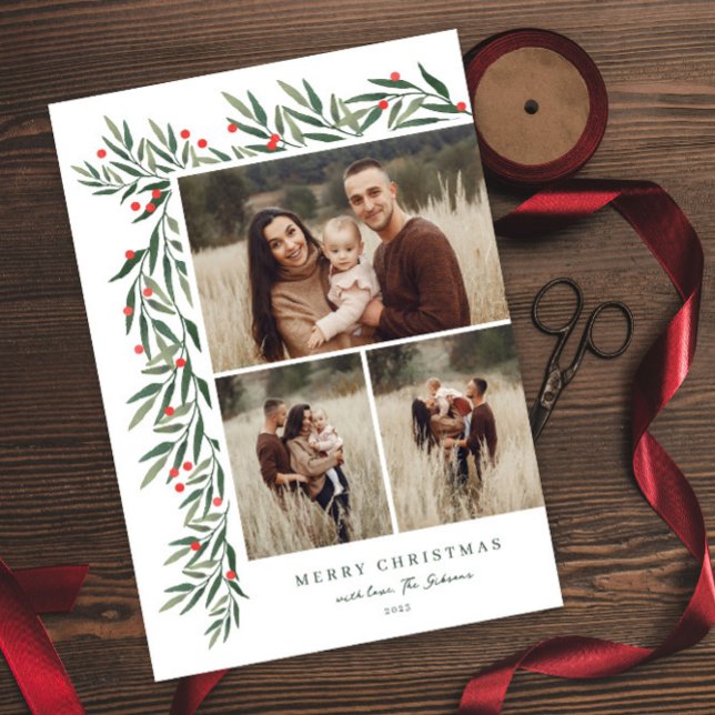 Winter Greenery White 3 Photo Christmas Holiday Card (Creator Uploaded)