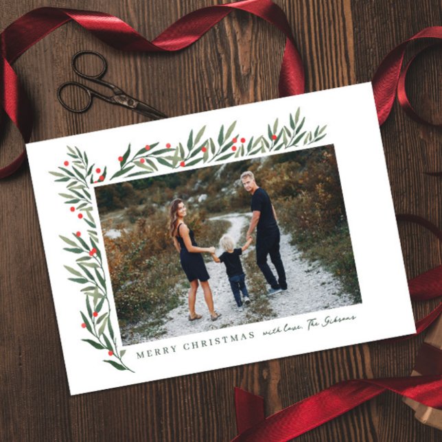 Winter Greenery White Photo Christmas Holiday Card (Creator Uploaded)