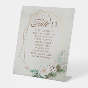 Winter Greenery White Rose Wedding Table Seating Pedestal Sign