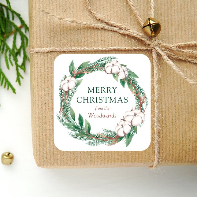 Winter Greenery Wreath Merry Christmas Watercolor Square Sticker (Creator Uploaded)