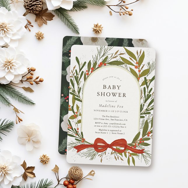 Winter Greenery Wreath Red Bow Girl Baby Shower Invitation (Creator Uploaded)
