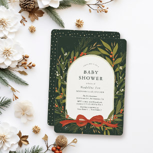 Winter Greenery Wreath Red Bow Green Baby Shower Invitation