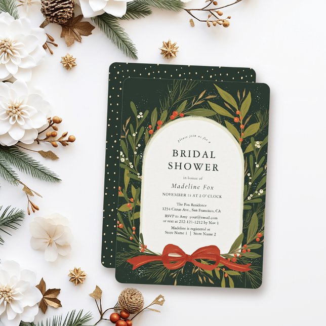 Winter Greenery Wreath Red Bow Green Bridal Shower Invitation (Creator Uploaded)